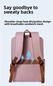Detail of pink backpack back panel with breathable sandwich mesh and cooling shoulder straps