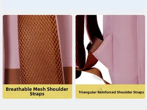 Detail of pink backpack featuring breathable mesh shoulder straps and triangular reinforced stitching