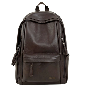 Mochila minimalista de cuero PU marrón oscuro de gran capacidad con logo Hoog
