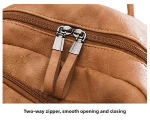 Detailed macro view of smooth dual zippers with leather pulls on dark brown travel backpack