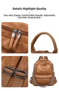 Detail view of retro PU leather backpack featuring dual zippers and adjustable straps