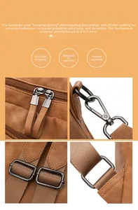 Detail of premium gunmetal hardware on brown vintage backpack with hanging plating finish