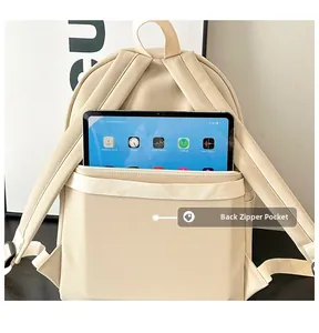 Detail of the hidden anti-theft back pocket on a beige PU backpack holding a tablet