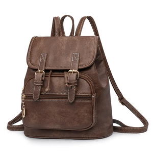 Classic dark brown vintage PU leather backpack with decorative buckle and front zipper