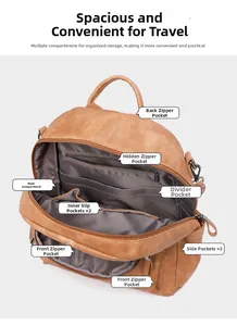Detailed interior view showing multi-pocket compartments of a brown leather backpack