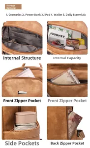 Detailed view of women vintage brown backpack multiple storage pockets and compartments
