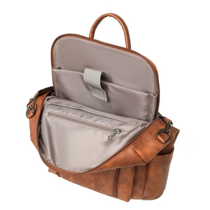 Brown vintage PU leather laptop backpack showing interior compartments and padded sleeve