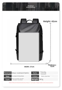 Tableau des tailles du sac à dos noir pour ordinateur avec dimensions 42cm haut et 31cm large