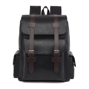 Front view of a black PU leather vintage business backpack with brown strap accents