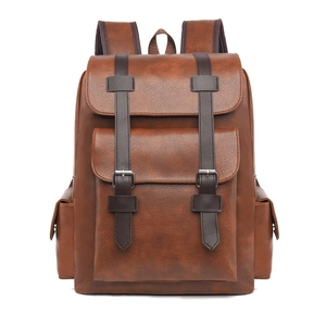 Classic brown vintage PU leather backpack for men with adjustable straps and metal buckles