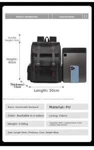 Detailed size specifications of black PU leather backpack with 30x13x40cm measurements