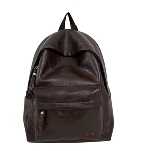 Minimalist large capacity dark brown faux leather backpack with front zipper pocket