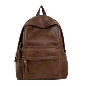 Minimalist large capacity dark brown soft PU leather backpack with zipper front pocket