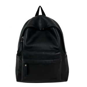 Minimalist black faux leather backpack with large front pocket and adjustable straps
