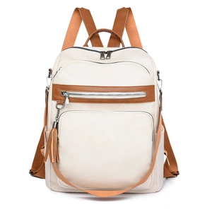 Women Fashion Backpack PU Leather Litchi Texture Large Capacity Multi Pockets Tassel Decoration Urban Minimalist Style