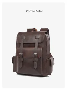 Detail of coffee brown faux leather backpack with retro metal buckles and lychee texture