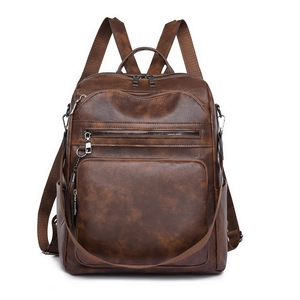 Vintage brown PU leather backpack for women with front zipper pocket and top handle