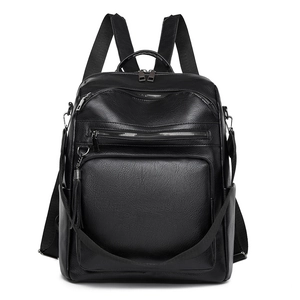 Classic black pebbled PU leather women's backpack with multiple zipper pockets and tassels