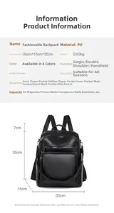 Detailed size guide and measurement chart for the urban PU leather backpack in black