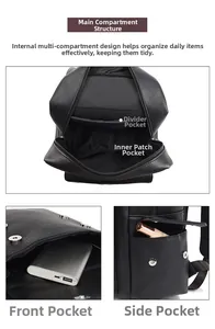 Detail view of the multi-compartment interior and storage layout for a black faux leather bag