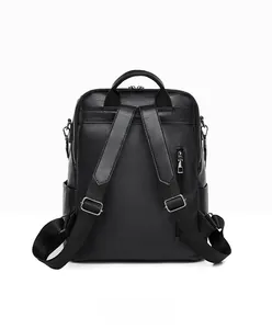 Detail view of the black PU leather backpack back with hidden anti-theft zipper pocket