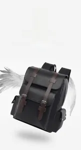 Detailed view of lightweight black PU leather backpack weighing only 0.84kg with feathers