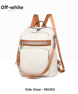 Detail view of cream PU leather backpack featuring brown straps and tassel charm