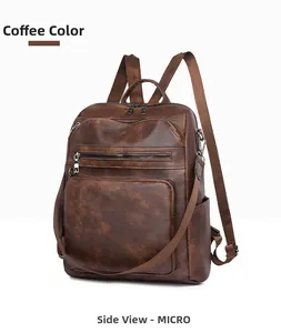 Close-up of retro brown PU leather backpack featuring multi-layer zipper front pockets