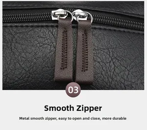 Detail of smooth metal double zippers and lychee grain leather on black business backpack