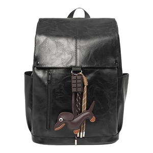 Retro PU Leather Backpack Large Capacity Flap Closure Casual Travel School Bag With Cute Dog Charm For Women