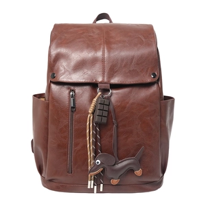Large capacity dark brown PU leather backpack with vintage design and dachshund pendant