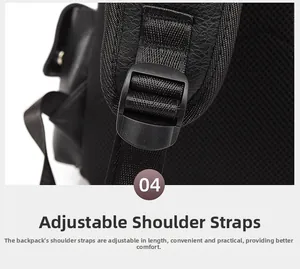 Detail of adjustable padded shoulder strap with plastic buckle on black PU leather backpack