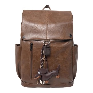 Large capacity brown PU leather backpack with vintage texture and cute dog charm pendant