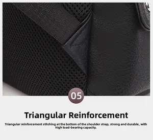Detail of reinforced triangle stitching on black leather and mesh shoulder straps