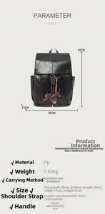 Detailed view of black PU backpack dimensions and specifications with dachshund charm