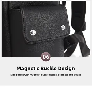 Detail of 15-inch black backpack side pocket with litchi texture and silver magnetic buckles