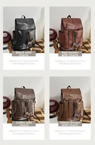 Collage showing four vintage PU leather backpacks in black, red, coffee, and tan colors