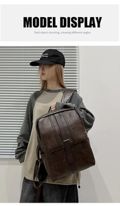 Classic brown leather backpack with vertical buckle straps and a vintage flip-top design