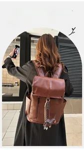 Detailed view of brown PU leather backpack with flap closure and cute dog charm pendant