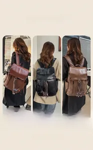 Detailed views of casual PU leather backpack in brown, black and khaki with dog charm