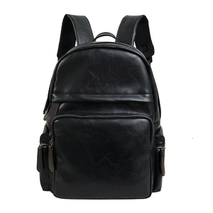Minimalist black PU leather backpack with large capacity and breathable mesh straps