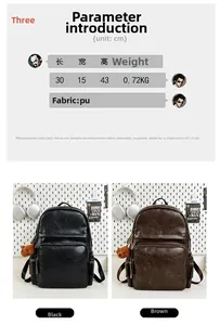 Detailed size chart and dimensions of the leather laptop backpack in black and brown
