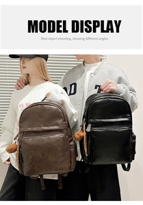 Detail shot of vintage PU leather backpack showing texture and plush bear charm