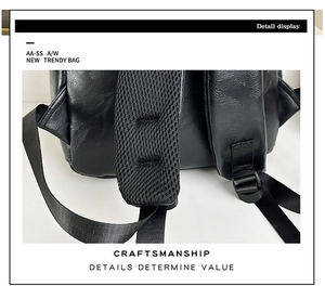 Detail of breathable honeycomb mesh shoulder straps and premium PU leather texture