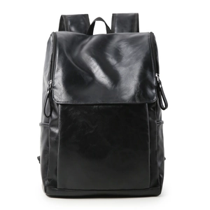 Classic black leather laptop backpack for men featuring large capacity and stylish flap cover