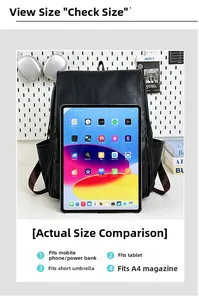 Detail eines schwarzen PU-Lederrucksacks zeigt das Fassungsvermögen mit einem iPad zum Vergleich