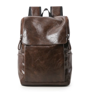 Men's retro brown faux leather large capacity backpack with flap closure on white background