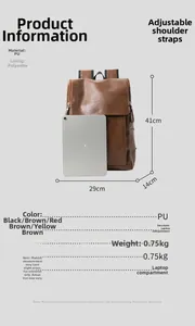Detail view of brown PU leather backpack with computer compartment and adjustable straps