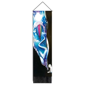 Detailed view of dreamy castle tapestry featuring black tassels and moon rainbow motifs