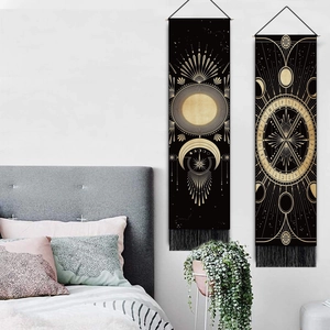 Bohemian sun and moon celestial tapestry set with black tassels for wall decor